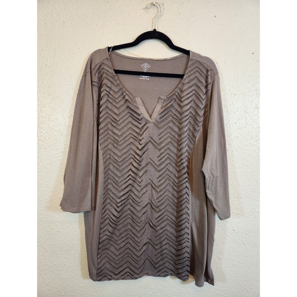 St. John's Bay Tops - St Johns Bay Womens 3X Brown 3/4 Sleeve Textured Chevron Split Neck Tunic Top